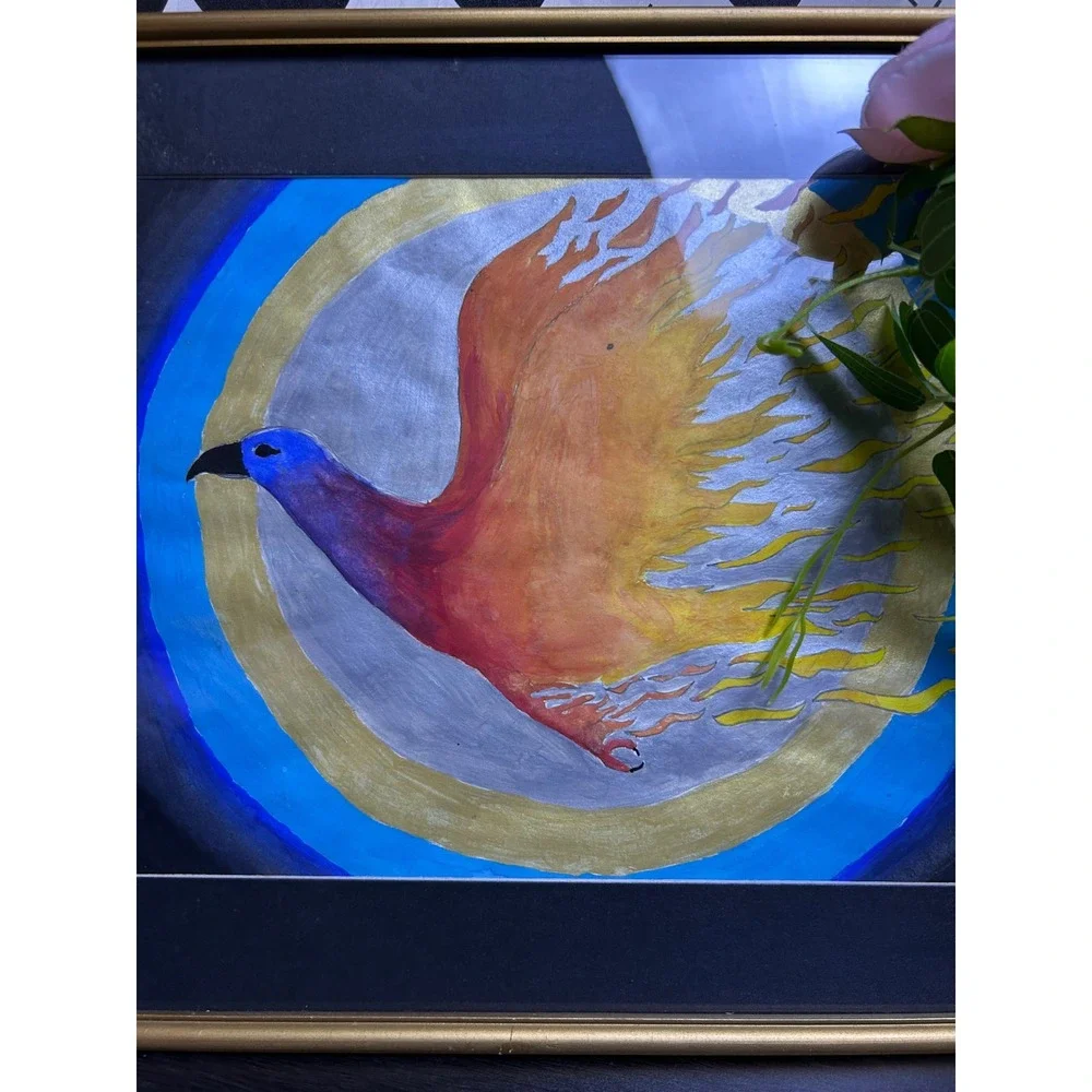 Original Framed Phoenix Bird Painting Celestial Outsider‎ Folk Art 15